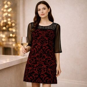 Vertigo Paris Red Black Baroque Chiffon Shift Dress Crochet Yoke Small